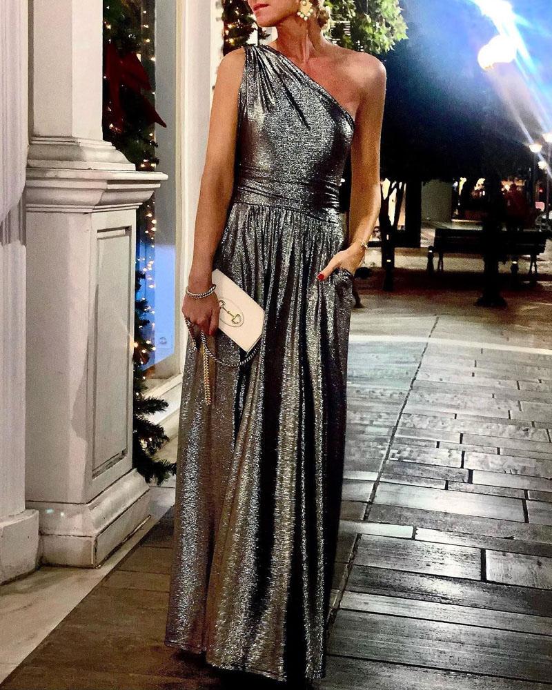 

Metallic Design One Shoulder Ruched Party Dress, Silver