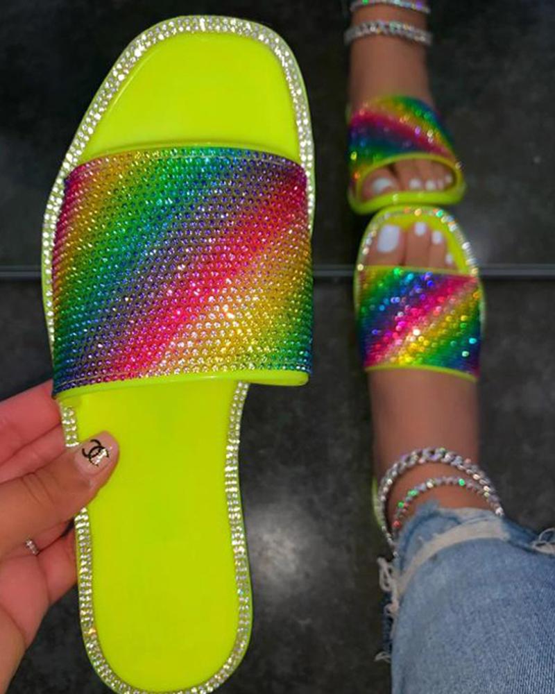 

Square-toe Multicolor Rhinestone PU Leather Flat Slippers, Lvs green