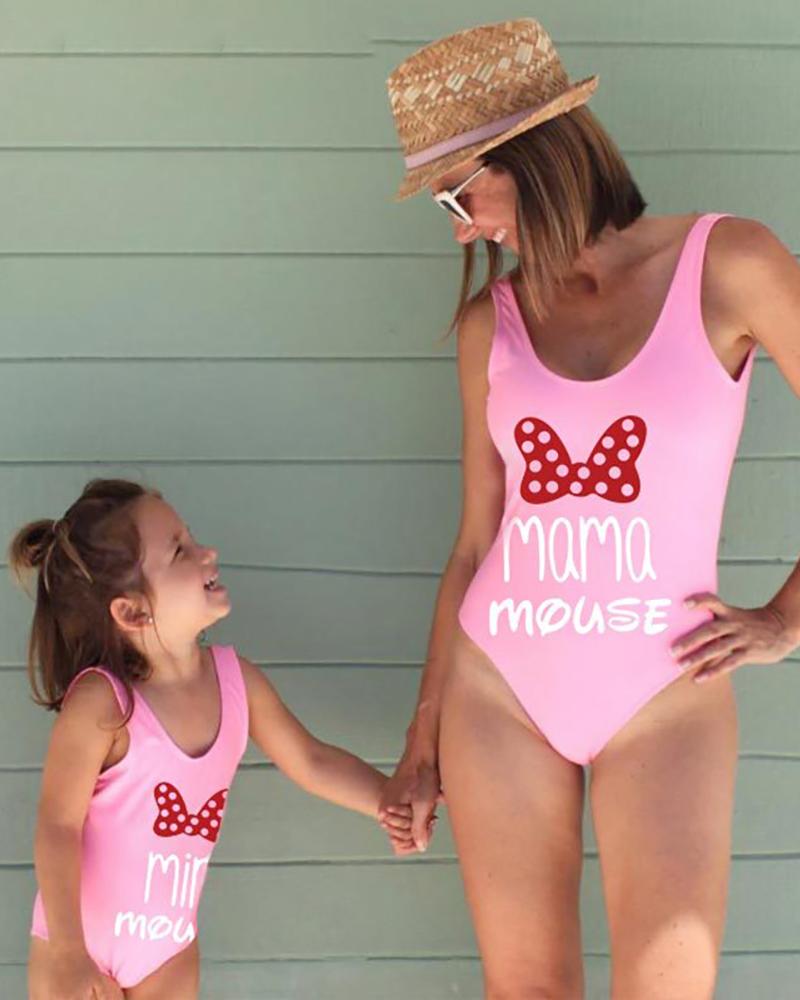 

Mommy & me Bowknot Letter Print U-Neck One Piece Swimsuit For Mom, Pink