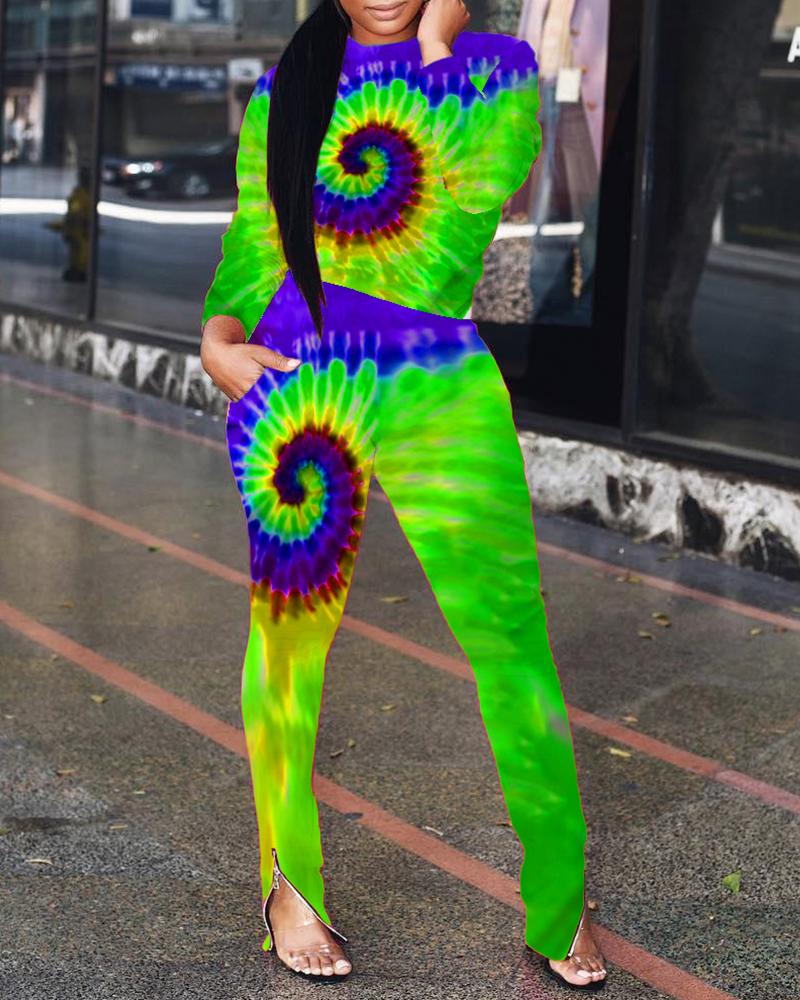 

Tie Dye Long Sleeve Top & Zipper Slit Pants Sets, Green