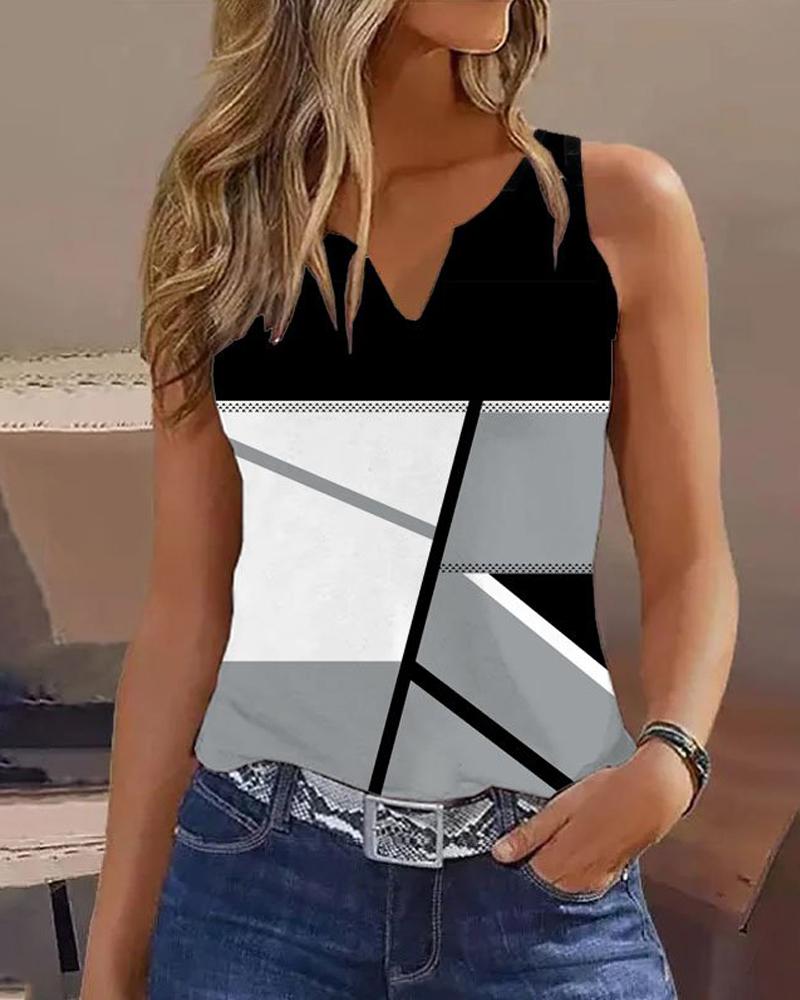 

Geometric Print Notch Neck Tank Top, Gray