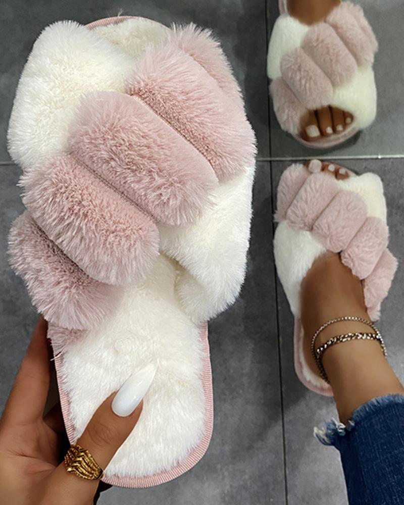 

Crisscross Round Toe Fuzzy Slippers, Pink