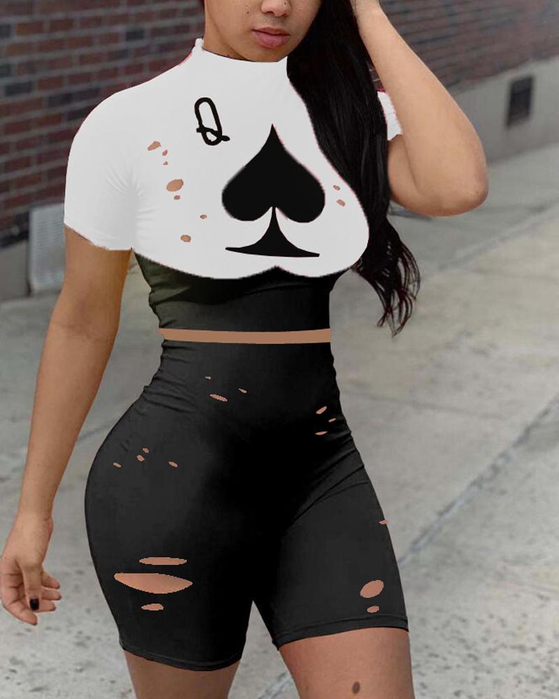 

Hollow Out Poker Print Crop Top & High Waist Shorts Set, White