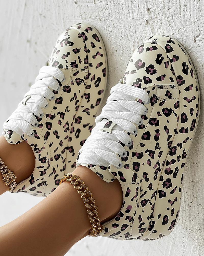 

Leopard Print Platform Casual Sneakers, Beige