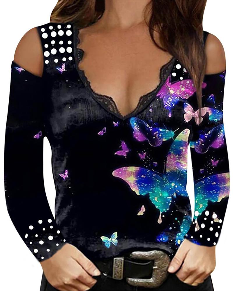 

Cold Shoulder Floral Print Colorblock Lace Trim Beaded Top, Black
