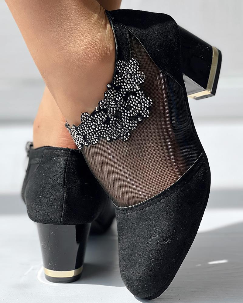 

Sheer Mesh Patch Rhinestone Floral Pattern Chunky, Black