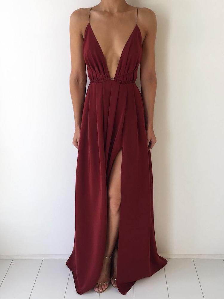 

Stylish Crisscross Open Back High Slit Maxi Dress, Wine red