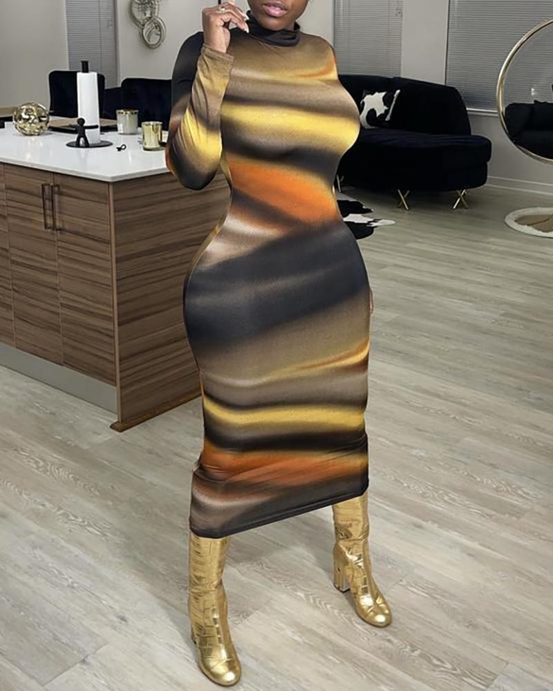 

Tie Dye Print Long Sleeve Bodycon Women Dress, Brown