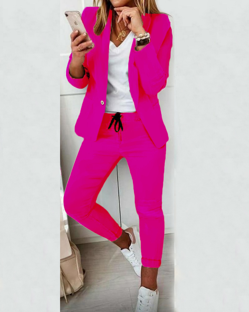 

Lapel Neck Blazer Coat & Drawstring Pants Set, Hot pink