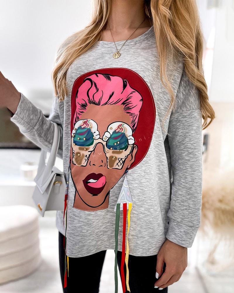 

Figure Print Colorful Strap Decor Top, Light gray