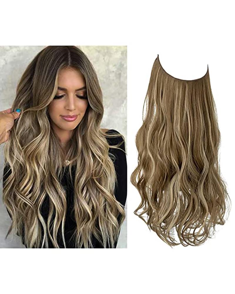 

Adjustable Headband Halo Hair Extension Medium Brown With Ash Blonde Highlight Short Wavy Curly Synthetic Hairpiece, Style1