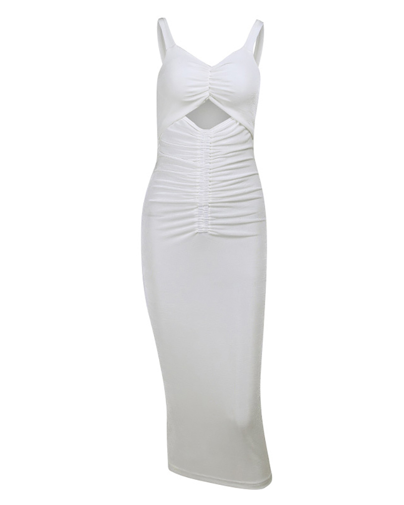 

Cutout Front Ruched Sleeveless Midi Dress, White