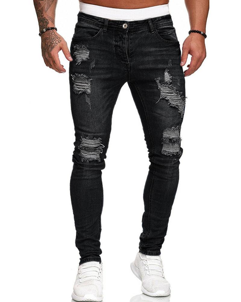 

Hole Washing Slim Jean Pants, Black