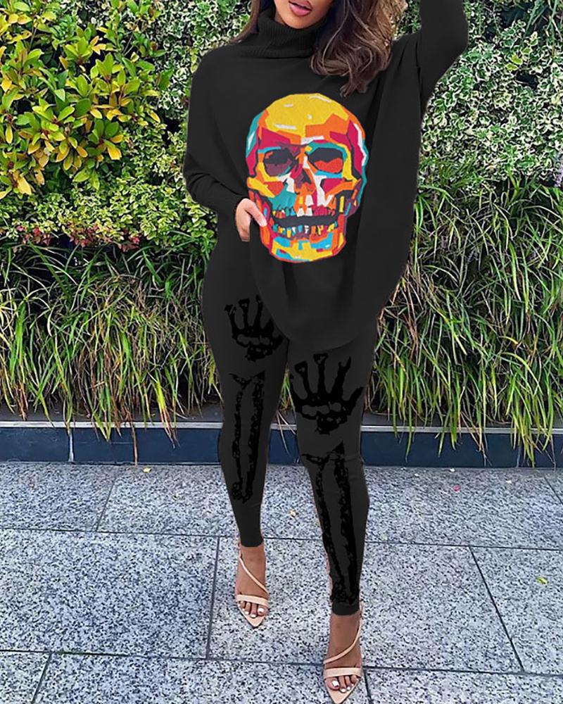 

Halloween Skeleton Print High Neck Top & Pants Set, Black