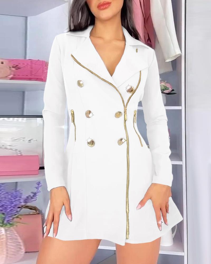 

Buttoned Zipper Pocket Design Notched Collar Blazer Dress, White
