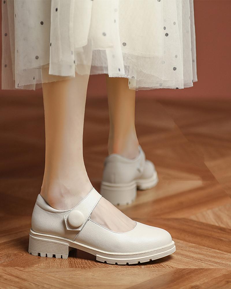 

Round-toe Solid Color One-strap Jenny Shoes, Beige