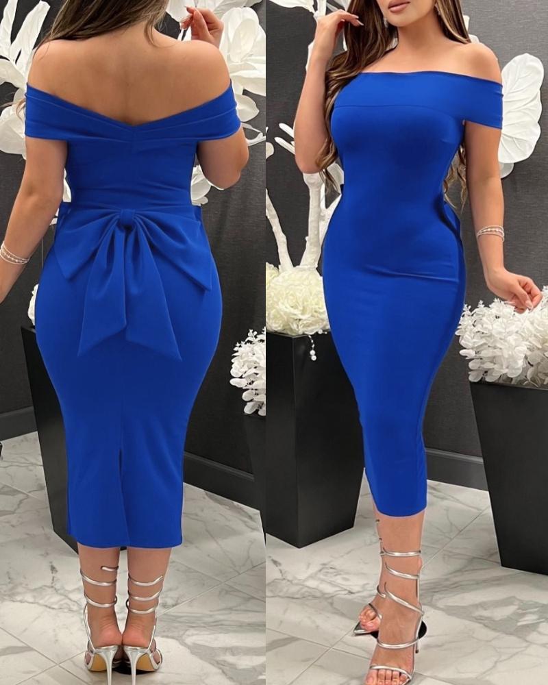 

Off Shoulder Sleeveless Slim Fit Bowknot Design Back Slit Bodycon Party Dress, Blue