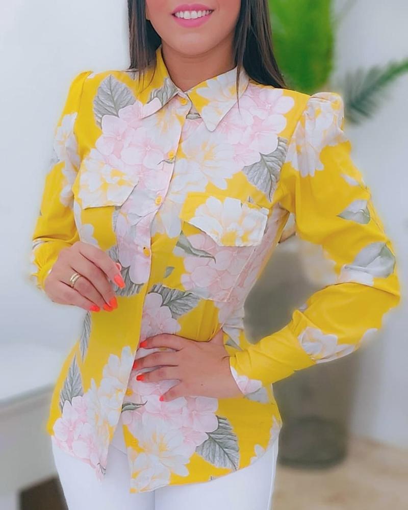 

Floral Print Puff Sleeve Pocket Deisgn Shirt, Yellow