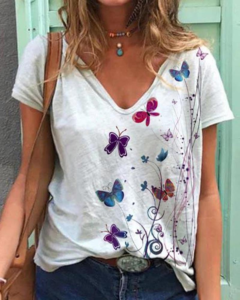 

V-Neck Butterfly Print Short Sleeve Casual T-shirt, White