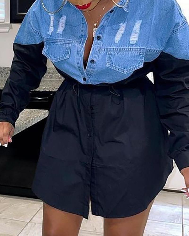

Colorblock Button Front Ripped Denim Patch Shirt Dress, Black