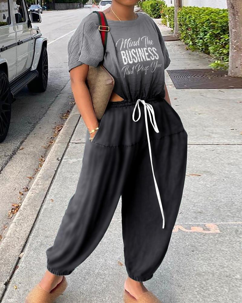

Letter Print Ombre Colorblock Cutout Jumpsuit, Gray