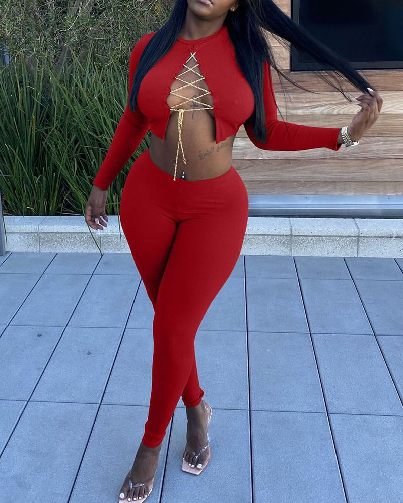 

Solid Chain Lace-up Crop Top & Pants Set, Red