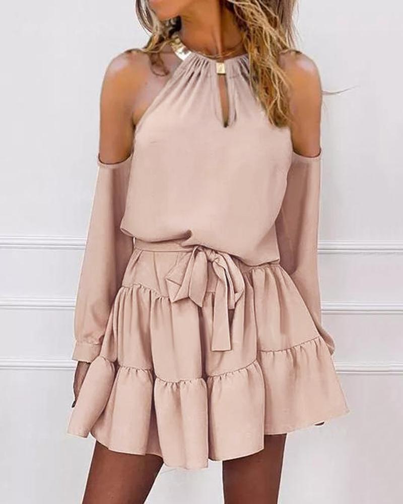 

Cutout Tied Detail Cold Shoulder Ruffles Dress, Apricot