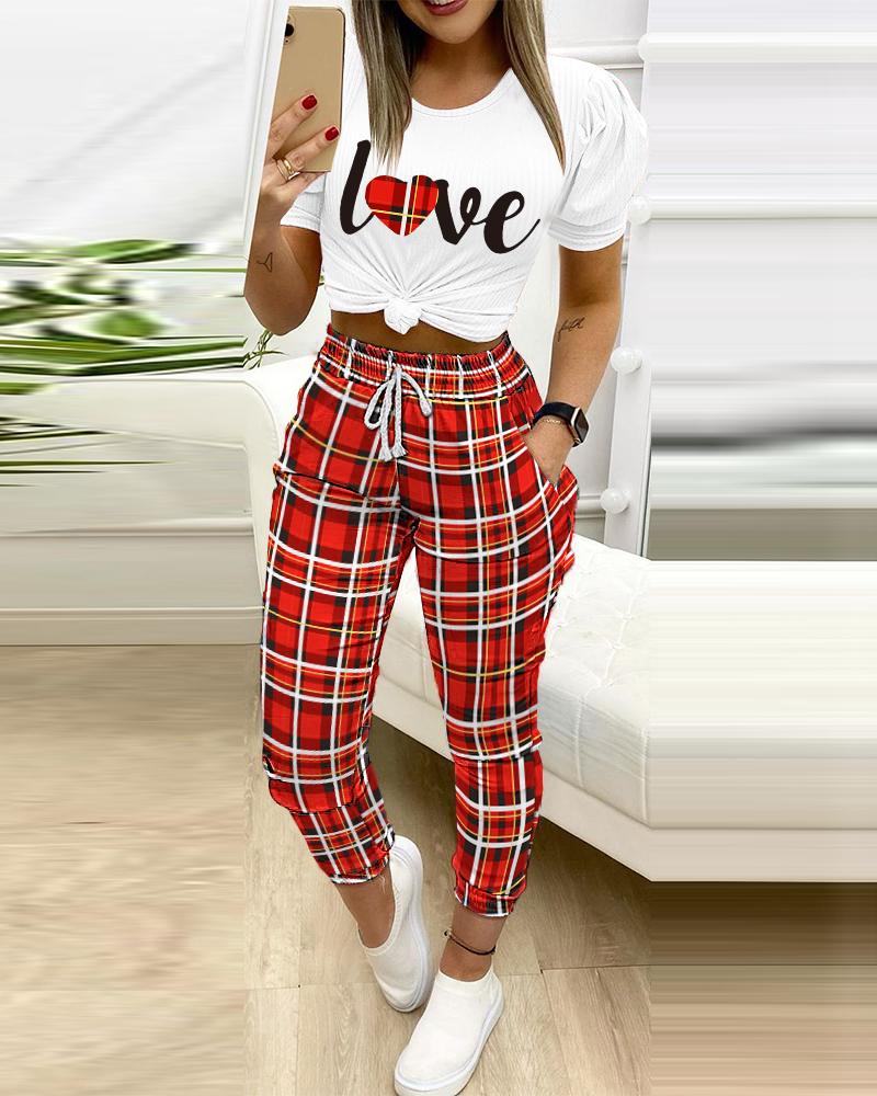 

Letter Plaid Print Puff Sleeve Top & Pants Set, Red