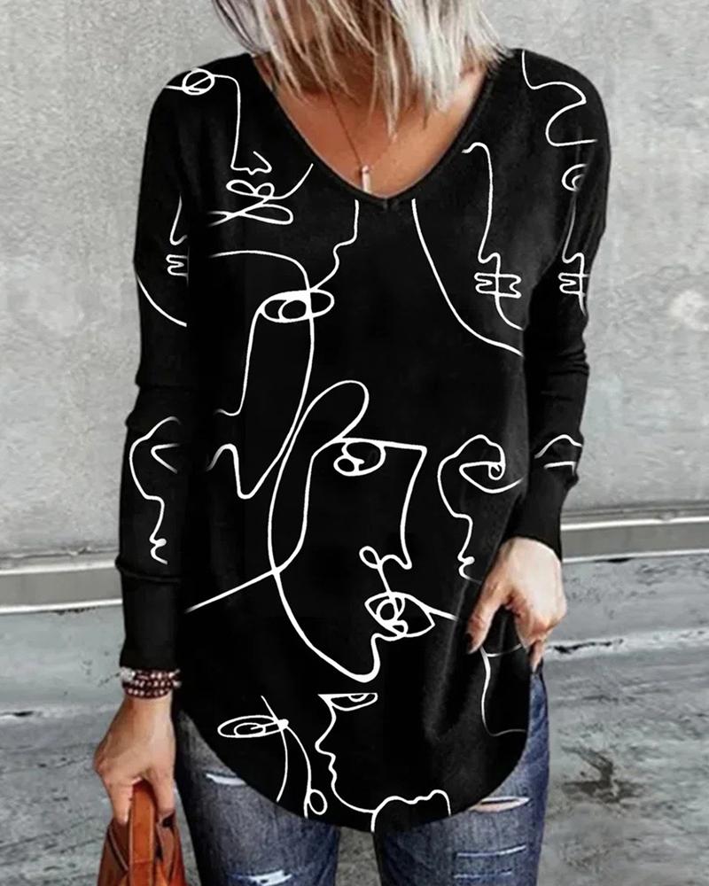 

Abstract Figure Print Long Sleeve Top, Black