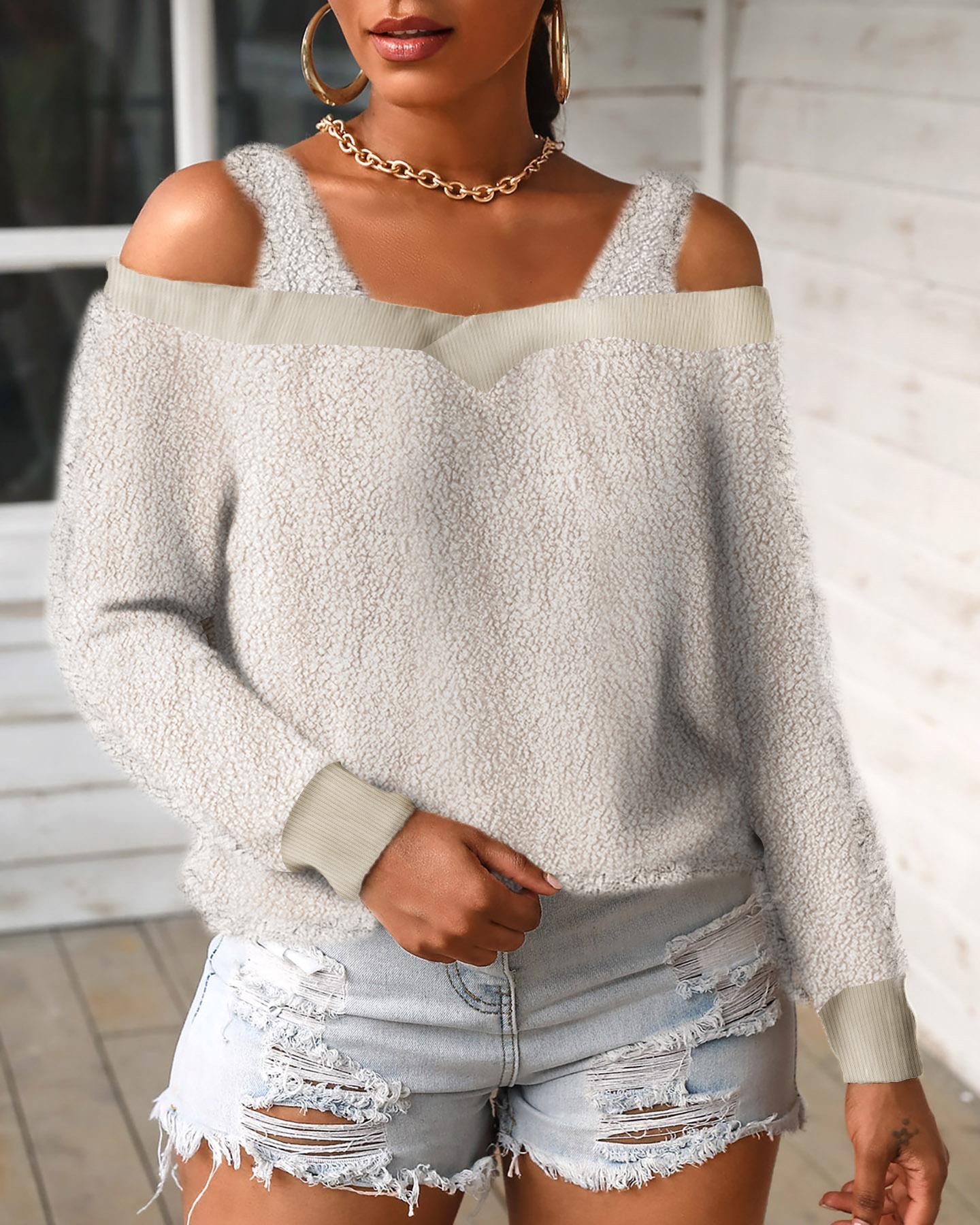 

Cold Shoulder Fluffy Colorblock Top, Beige