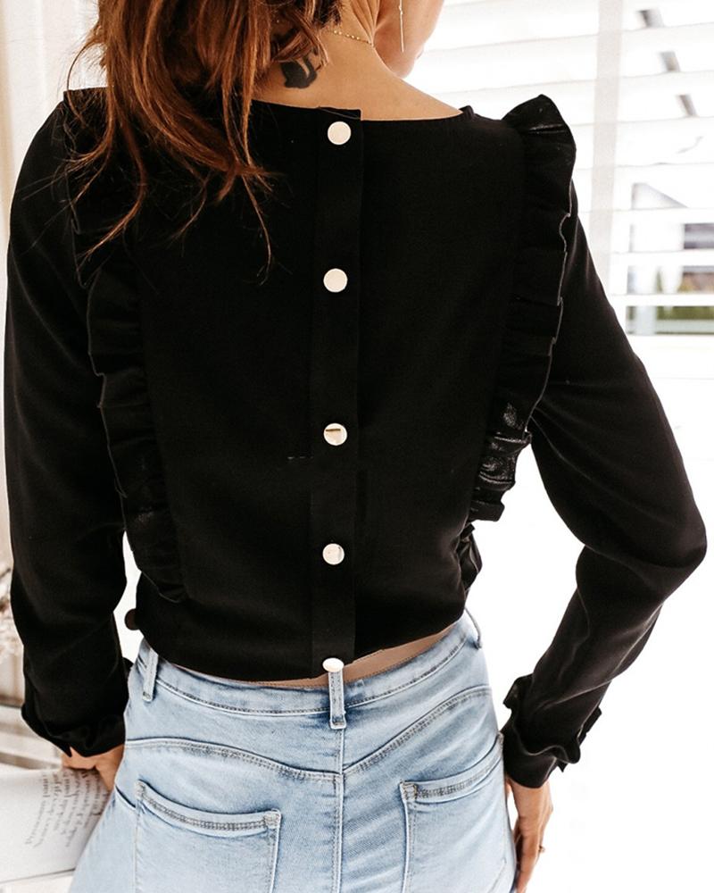 

Button Design Frill Hem Long Sleeve Blouse, Black