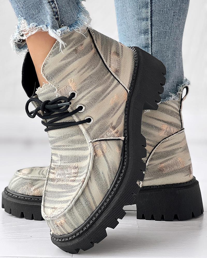 

Zebra Stripe Print Lace-up Non-Slip Snow Boots, Apricot