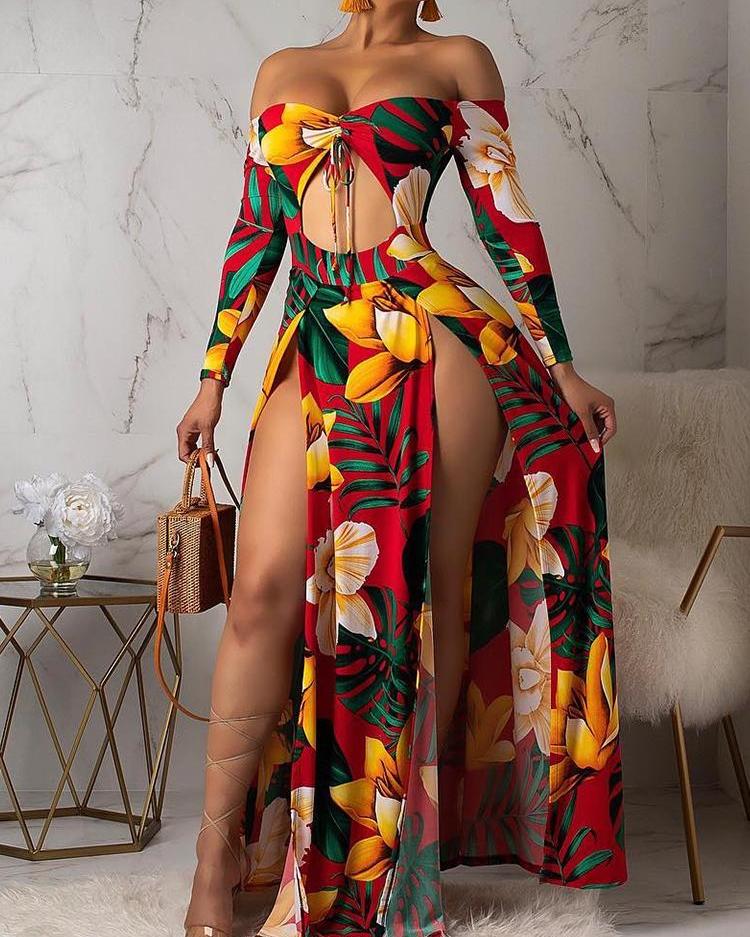 

Off Shoulder Floral Print Slit Maxi Dress, Orange