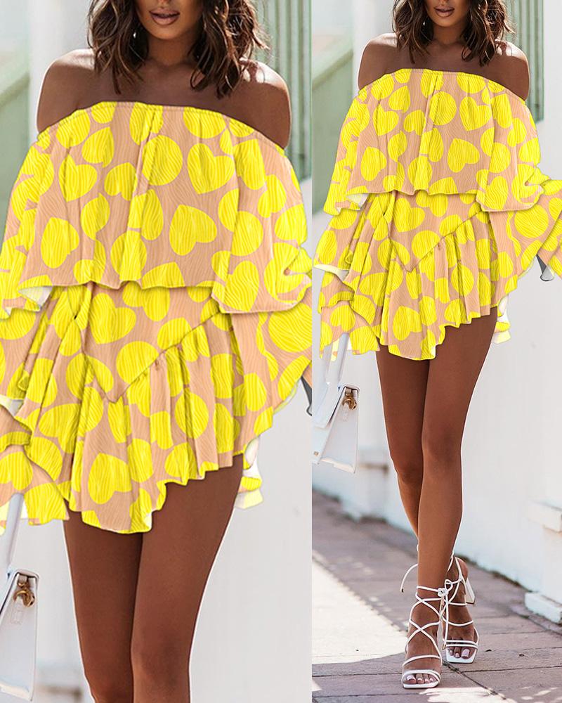 

Off Shoulder Bell Sleeve Ruffle Hem Heart Print Dress, Yellow