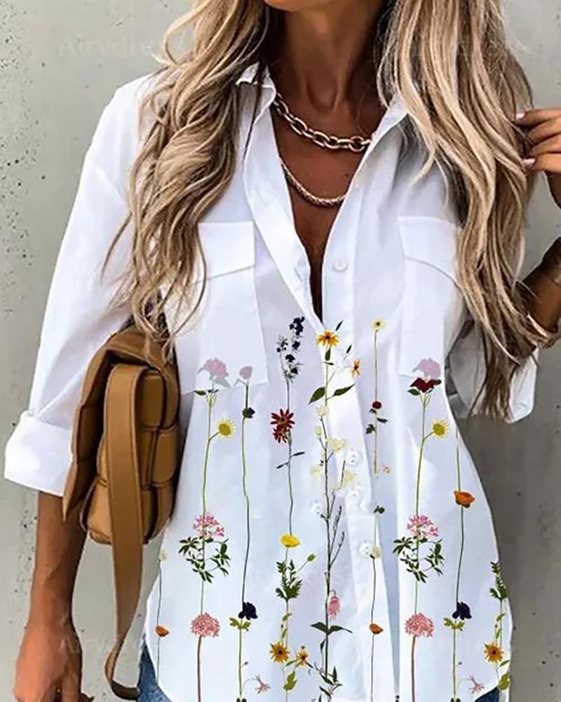 

Ditsy Floral Print Pocket Design Long SleeveShirt, White