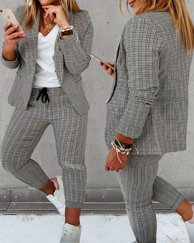 

Plus Size Plaid Print Blazer Coat & Drawstring Pants Set, Gray