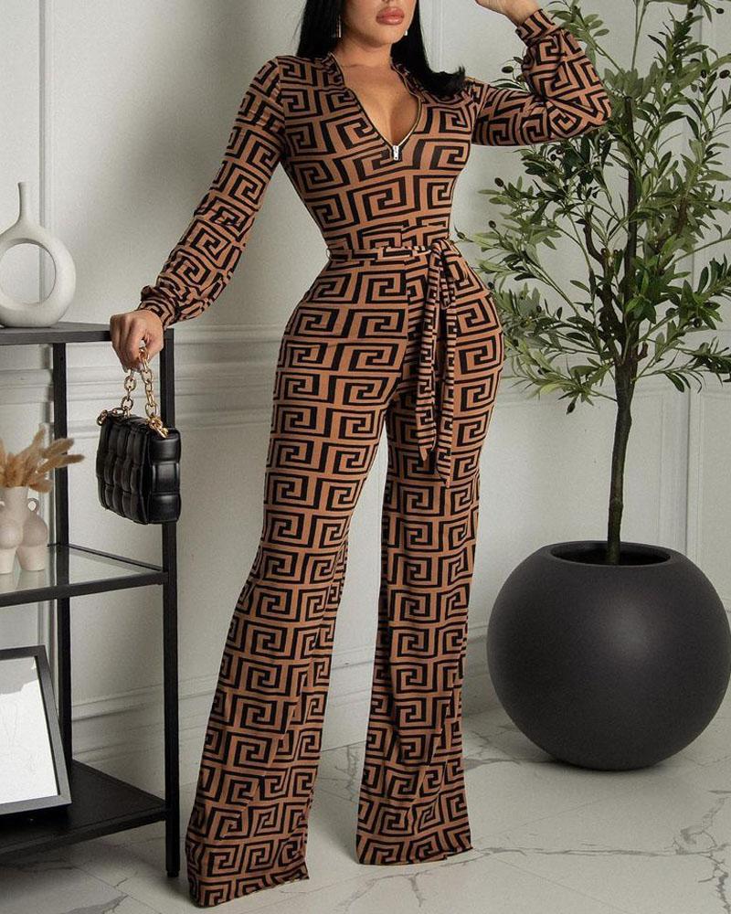 

Geo Print Zip Front Long Sleeve Belted Jumpsuit, Khaki