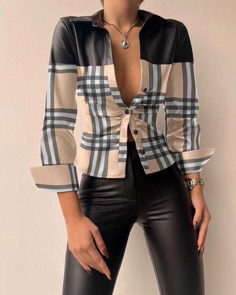 

Plaid Print PU Leather Patch Button Down Shirt, Khaki