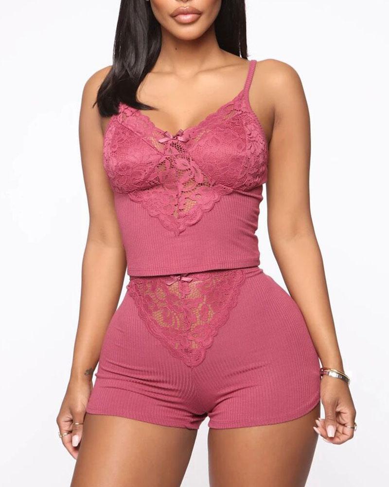 

Eyelash Lace Bowknot Decor Cami Set, Hot pink