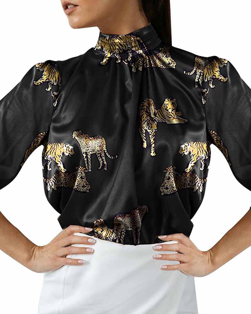 

Satin Long Sleeve Leopard Print Top, Black