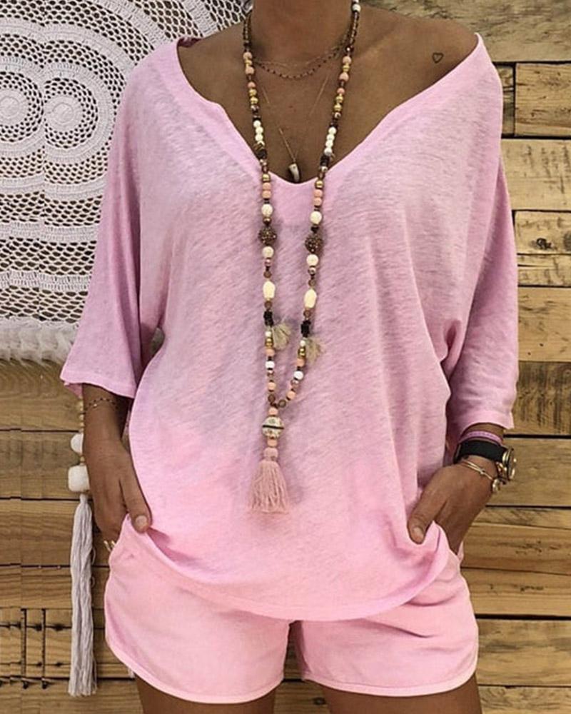 

Plain V-Neck Casual Top & Shorts Set, Pink