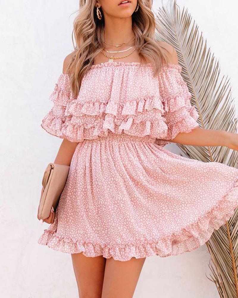 

Solid Short Sleeve Ruffles Loose A-line Dress, Pink