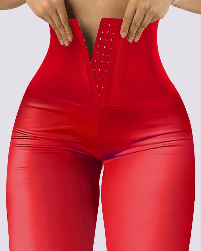 

Hook Front Liquid Gloss Sauna Sweat PU Leather Leggings, Red