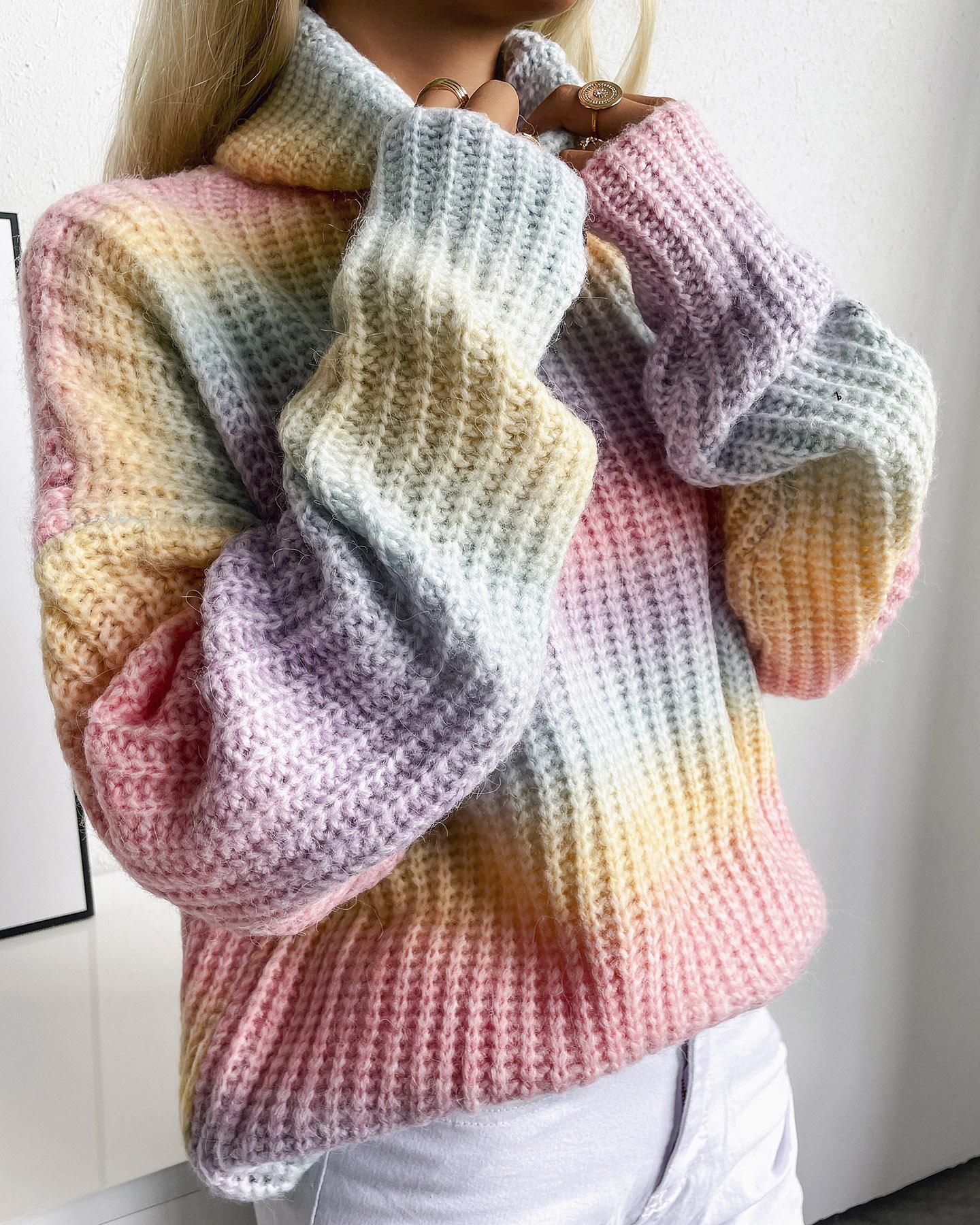 

High Neck Long Sleeve Colorblock Sweater, Pink