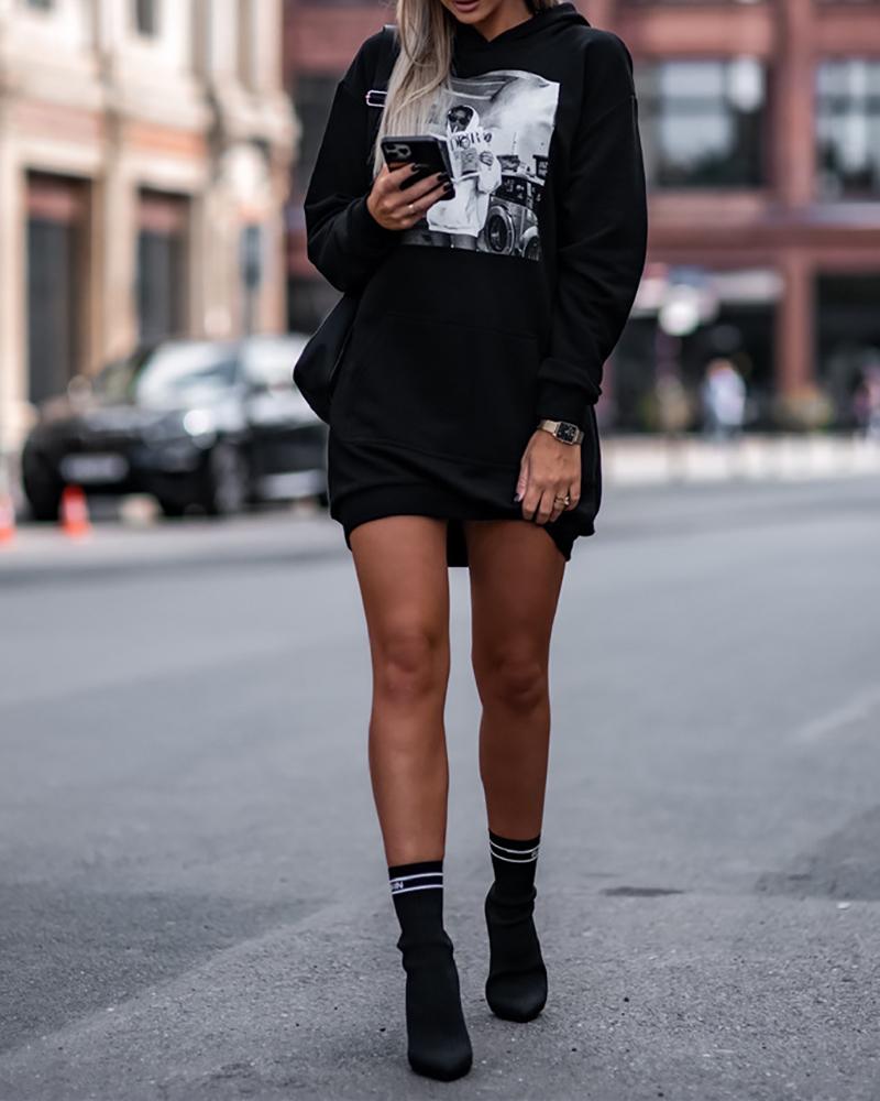 

Graphic Print Pocket Design Long Sleeve Hooded Sweatshirt, Black