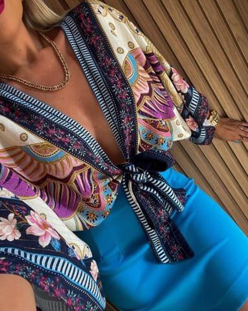 

Scarf Floral Print Tied Detail Crop Top & Skirt Set, Blue
