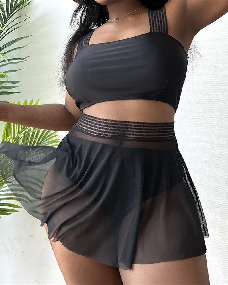 

3PCS Plus Size Square Neck Bikini Set With Cover Up Skirt, Black
