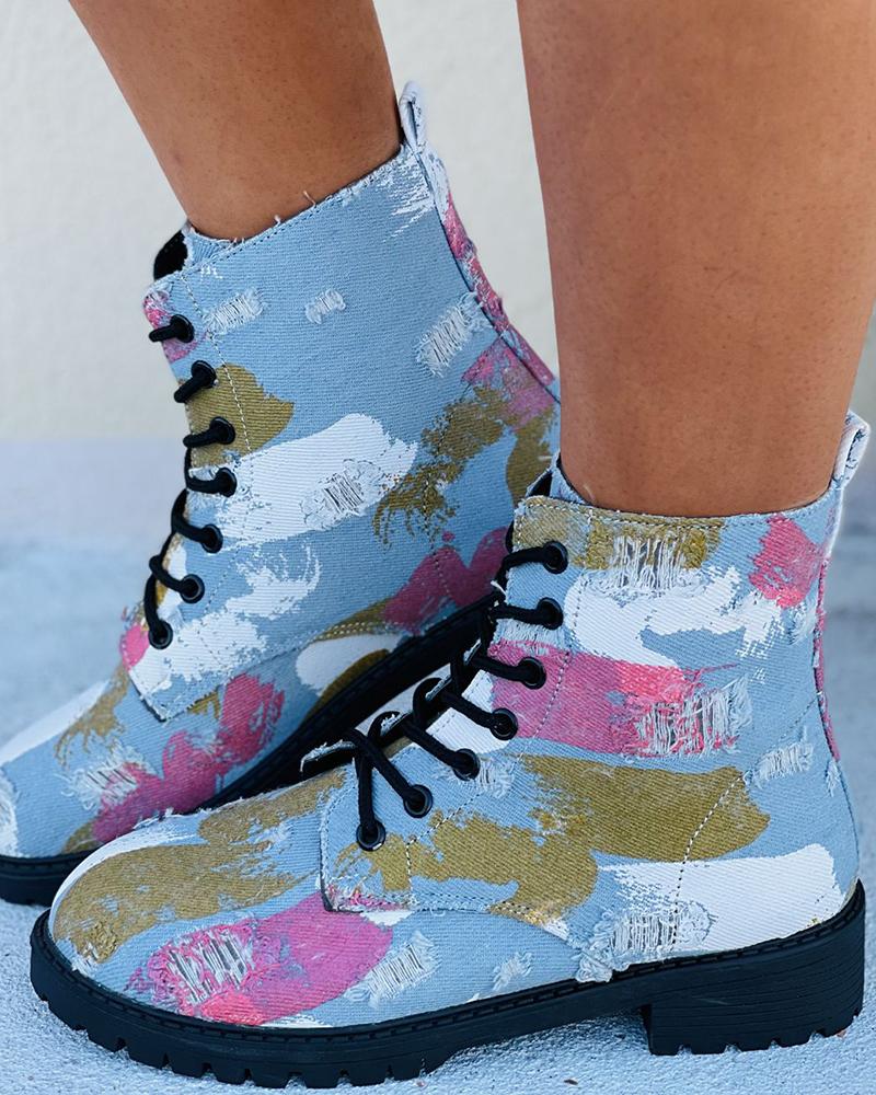 

Colorblock Eyelet Lace-up Front Combat Boots, Light blue