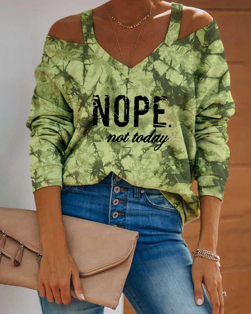 

Camouflage Letter Print Cold Shoulder Casual Top, Green