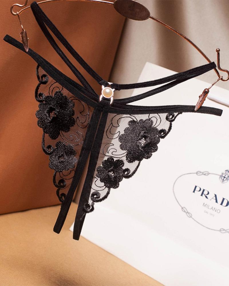 

See-through Mesh Splicing Embroidery Pearl Thong Panties, Black